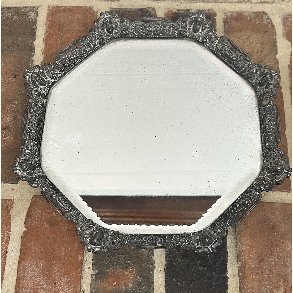 Antique 1900s Ornate Round Beveled Mirrored Vanity Tray Cherubs Scrollwork